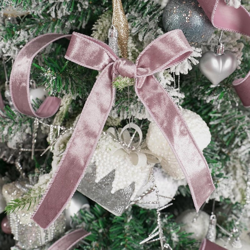 Meedee Dusty Rose Velvet 1 Inch Pink Wired Ribbon 25 Yards Crushed Velvet Christmas Ribbon for Tree, Wreaths, Bows - Image 5
